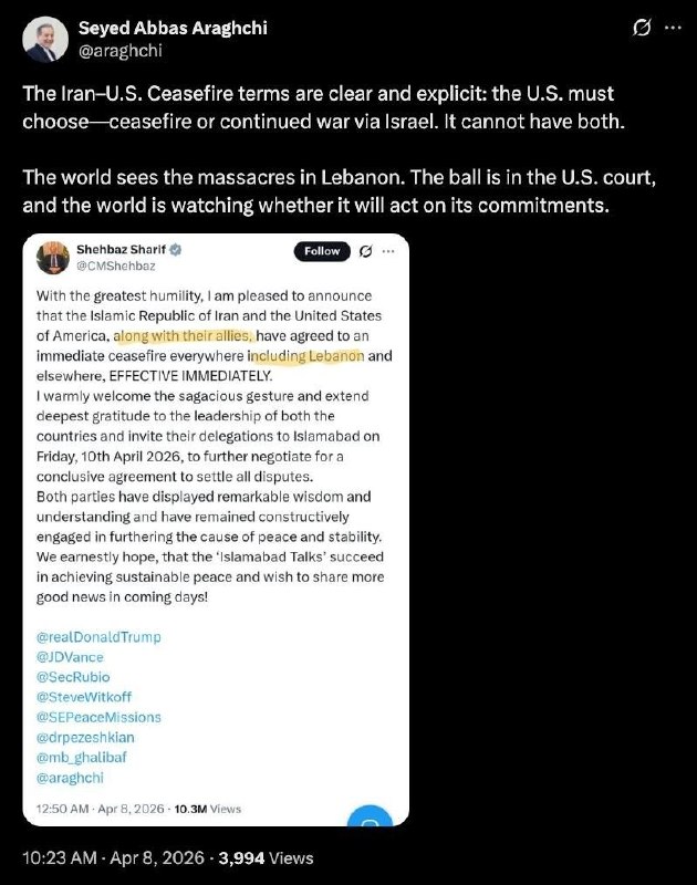 🇮🇷 Íránský ministr zahraničí Araghčí:Podmínky příměří mezi Íránem a USA jsou ja...