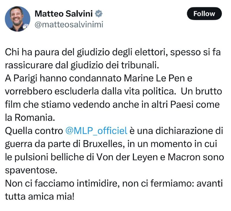 🇮🇹🇫🇷 Italský ministr dopravy Salvini označil Le Penův rozsudek za vyhlášení války...