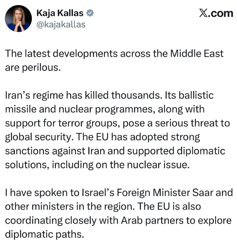 Kalas – podpořila operaci USA proti Íránu: Poslední události na Blízkém východě jsou nebe... Kalas – podpořila operaci USA proti Íránu: Poslední události na Blízkém východě jsou nebe...