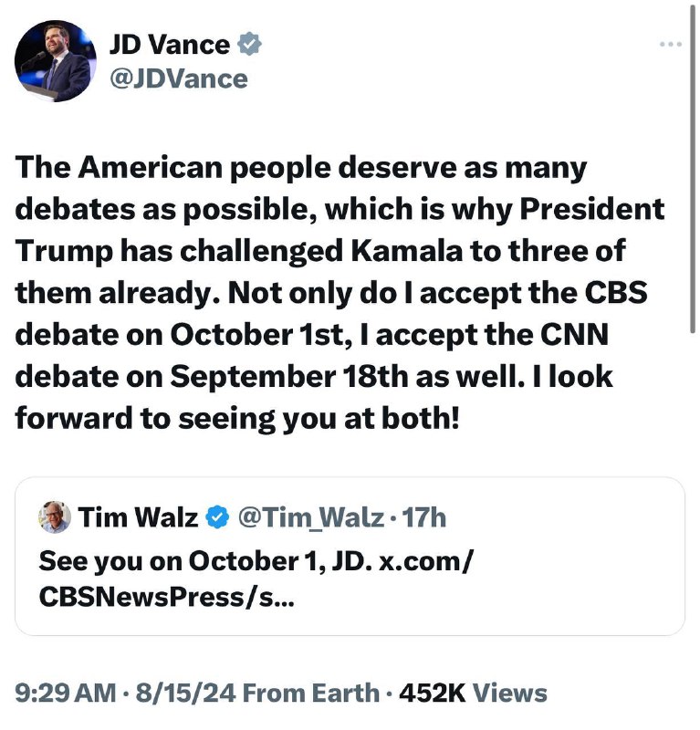 🔥 Kandidát na amerického viceprezidenta James Di Vance souhlasil s účastí v televizní debat...