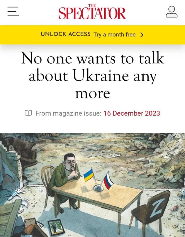 Karikatura z časopisu The Spectator: „Nikdo už nechce mluvit o Ukrajině.“Ve Spojeném králov...