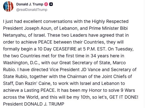 🇺🇸 Klaun Trump oznamuje příměří mezi Libanonem a sionistickým režimem: Právě jsem ved...