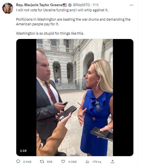 🇺🇸Kongresmanka Marjorie Taylor Greenová obvinila Washington z hlouposti kvůli podpoře Ukraj...