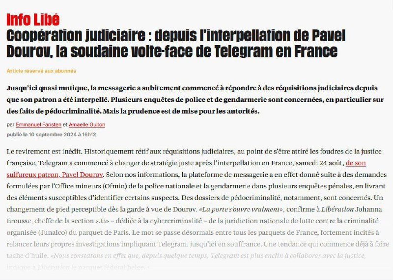 ⚡️🇫🇷 Libération tvrdí, že Telegram poprvé sdílel data o kriminálních uživatelích....