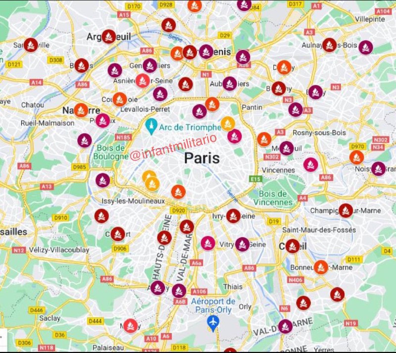 Mapa požárů a nepokojů v metropolitní oblasti Paříže