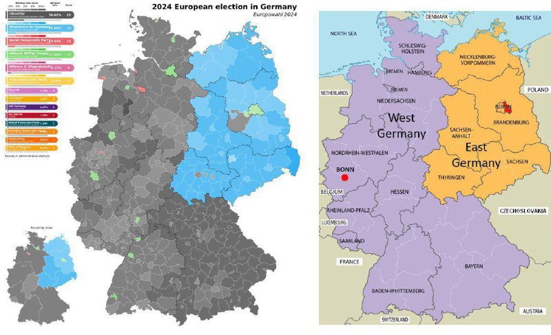 🐦‍⬛️🇩🇪 Mapa výsledků německých voleb a mapa Německa rozděleného po druhé svě...