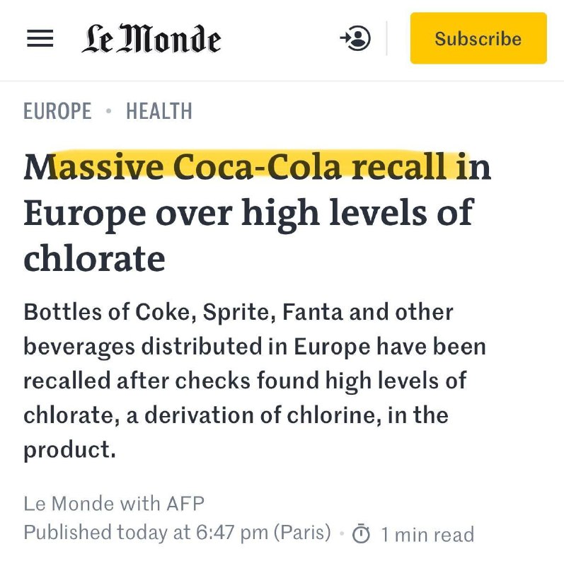 🆘❌ Masivní stahování Coca-Coly v Evropě kvůli vysokému obsahu chlorečnanuLahve Coca-Coly...