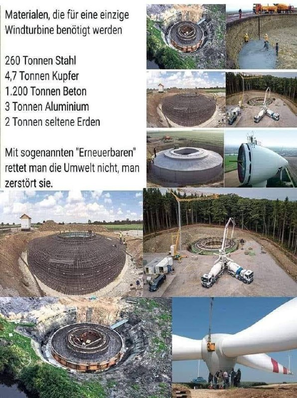Material pro jednu vetrnou turbinu: 260tun zeleza, 4,7tun medi, 1.200tun betonu, 3tuny hliniku, 2tun...