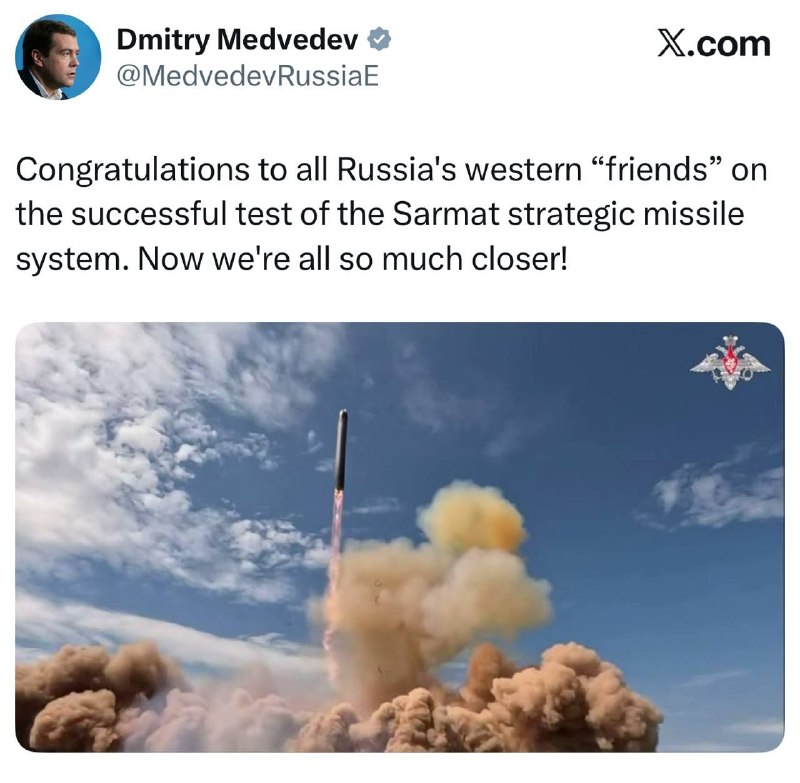 Medvedev:Blahoželám všetkým západným „priateľom“ Ruska k úspešnému testovaniu strategi...