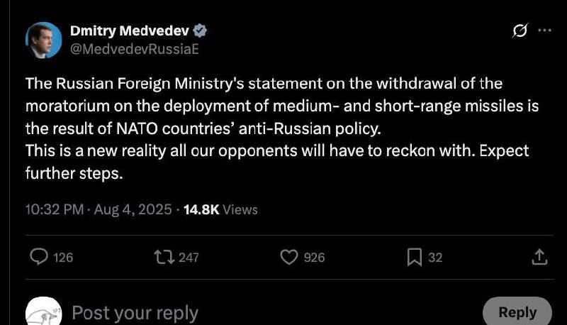 ‼️🇷🇺Medveděv oznámil „další“ kroky, které Rusko podnikne po zrušení moratoria n...