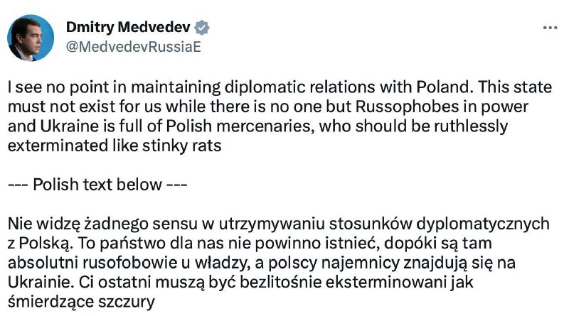 Medveděv řekl, že v udržování diplomatických vztahů s Polskem nevidí smysl.Takto komentoval...