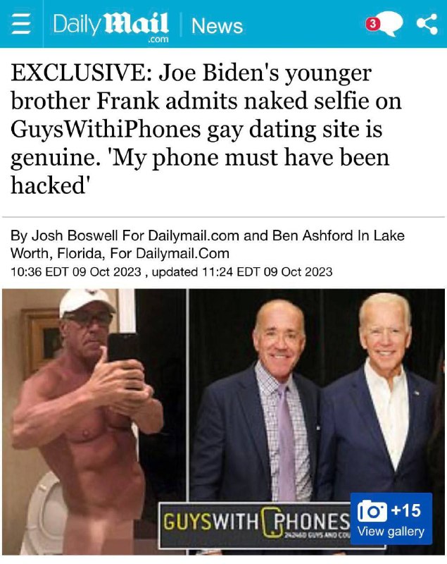 Mladší bratr Joe Bidena Frank přiznal, že jeho nahá selfie na gay seznamce Guys with iPhones je...