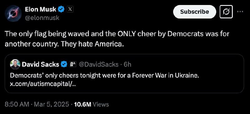 🔥 Musk obvinil demokraty z nenávisti k USA za podporu Ukrajiny.Během Trumpova projevu v Kongres...