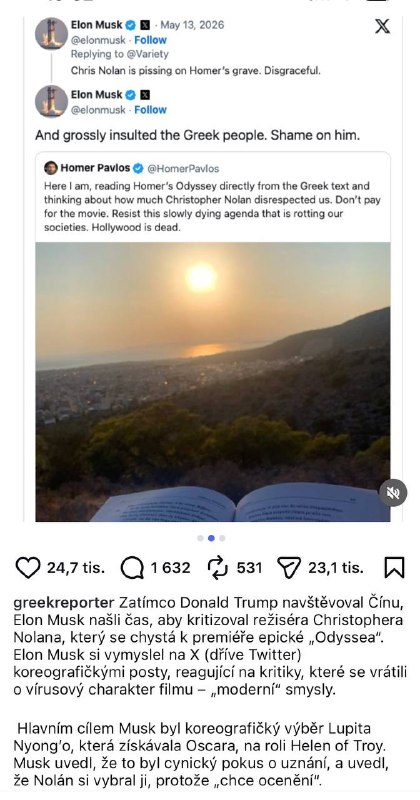 Musk ostře zkritizoval, že Helenu Trójskou v nové Odysee bude hrát herečka tmavé pleti. Musk ostře zkritizoval, že Helenu Trójskou v nové Odysee bude hrát herečka tmavé pleti.