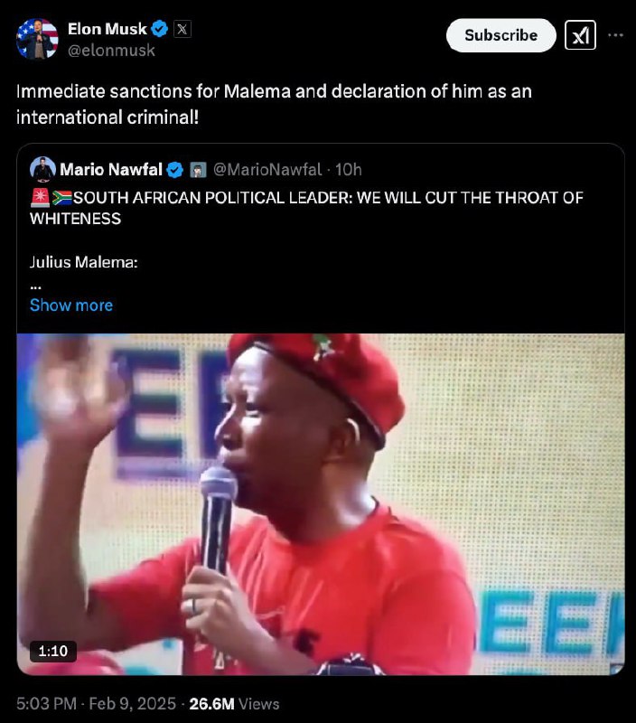 🔥 Musk požaduje, aby byl vůdce strany Bojovníci za ekonomickou svobodu Julius Malema z Jižní...