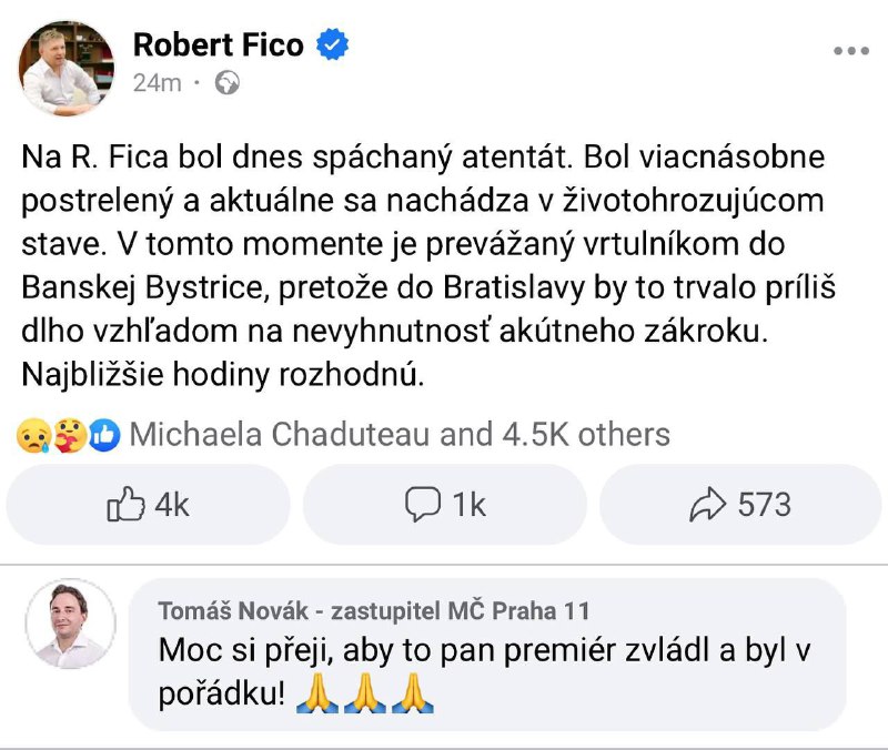 Na stránce Roberta Fica se objevila zpráva, že je „ve stavu ohrožení života“ a příští ...