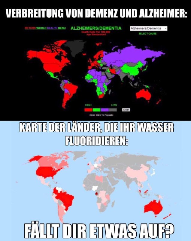 Nahoře: Šíření demence a Alzheimerovy choroby                                   Dole: Mapa zem?...