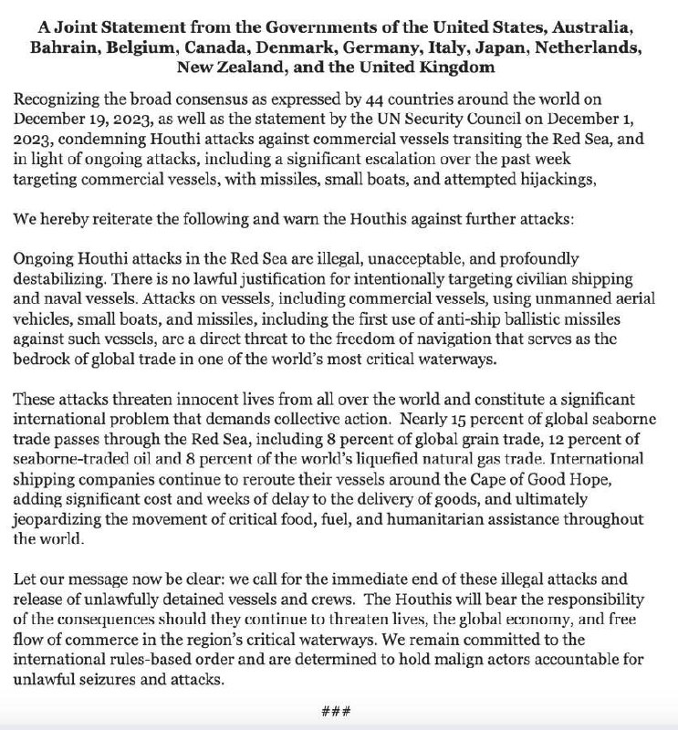 ❗️ Několik zemí, včetně Spojených států a Velké Británie, vydalo společné prohlášen...