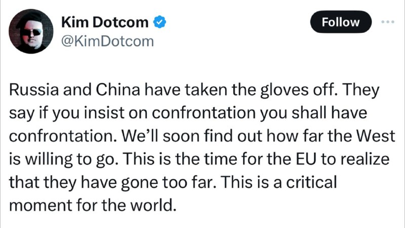 Německý aktivista a podnikatel Kim Dotcom: Rusko a Čína sundaly rukavice. Říká se, že pokud ...