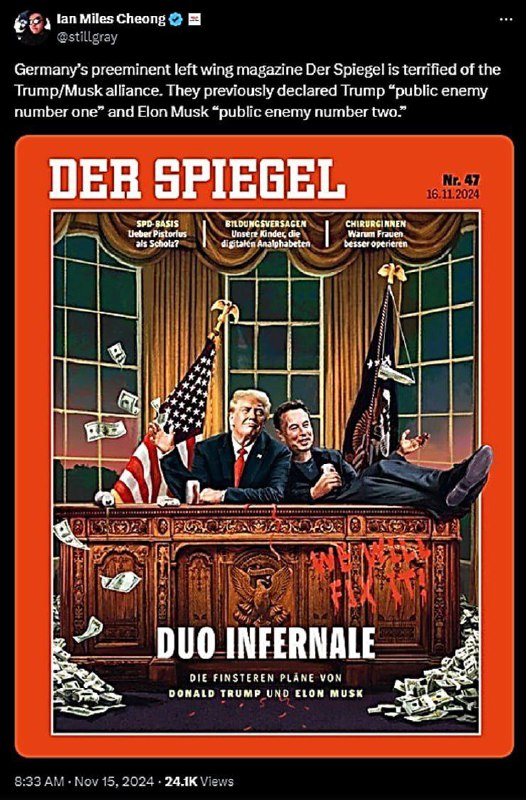 ❗️🇩🇪Německý levicový časopis Der Spiegel se děsí aliance Trump/Musk..Dříve prohlá... ❗️🇩🇪Německý levicový časopis Der Spiegel se děsí aliance Trump/Musk..Dříve prohlá...