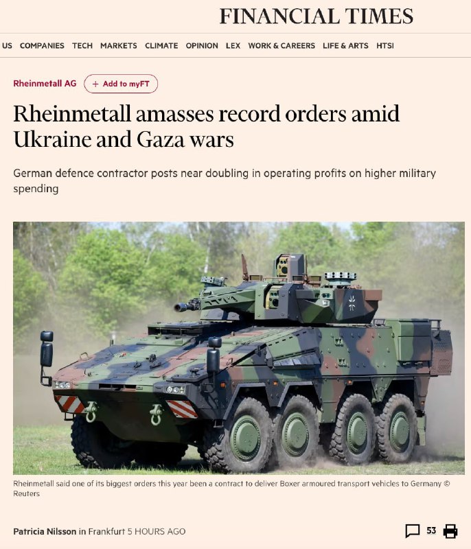 🇩🇪Německý obranný koncern Rheinmetall dosáhl rekordního zisku uprostřed konfliktů na Uk...