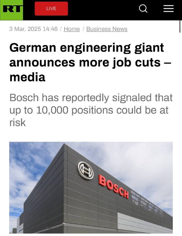 🇩🇪 ❗️ Německý strojírenský gigant oznamuje další propouštění - médiaBosch údajn...