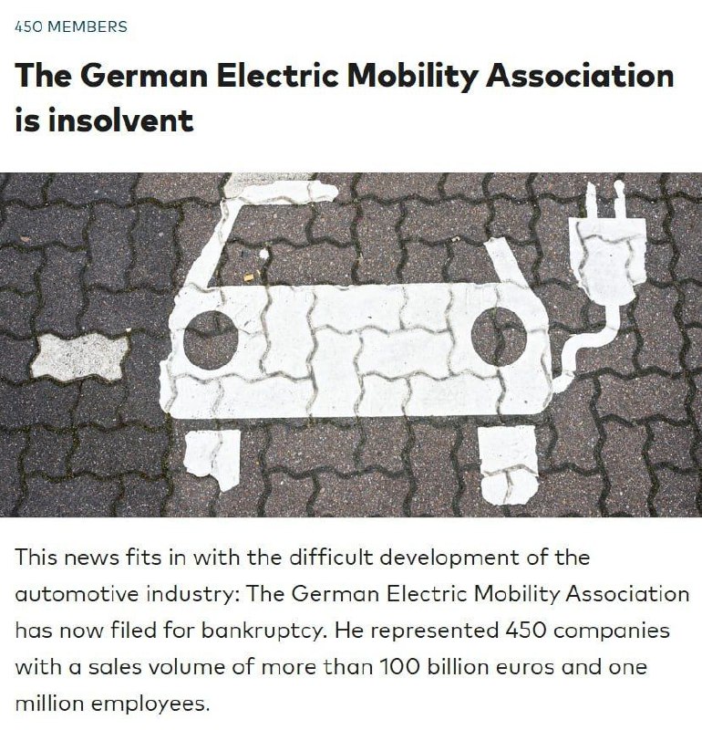 📌Nemecký zväz pre elektromobilitu (BEM) vyhlásil bankrot, informuje WELT.