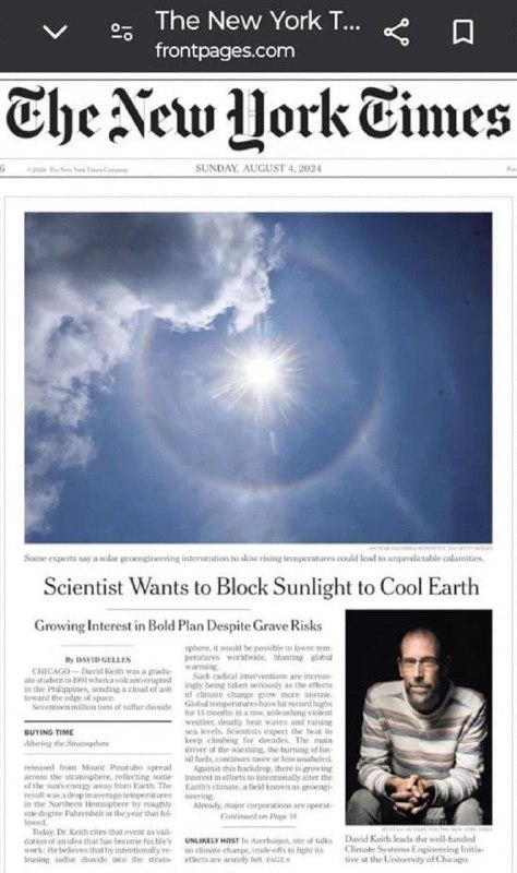 ⚡️New York TimesVědci chtějí zablokovat sluneční světlo, ochladit ZemiTeď, protože jsme ...