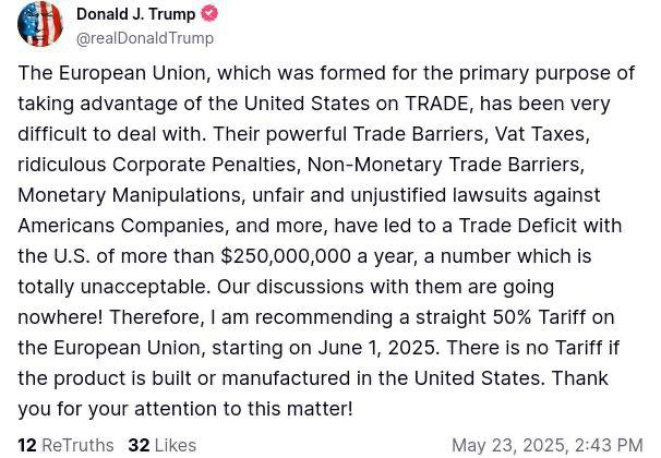 Obchodní válka mezi USA a EU: Trump chce zavést 50% cla na zboží z Evropské unie již od 1. č...