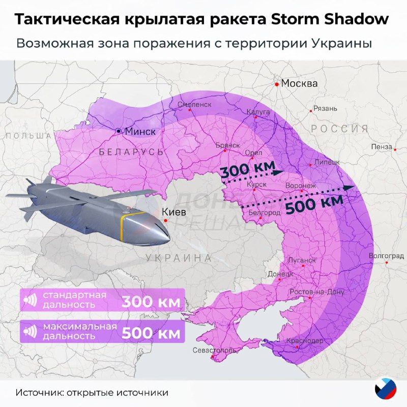 Oblast zasažitelná z území Ukrajiny řízenou střelou Storm Shadow.Válka se sebevědomě posou...