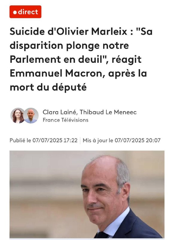 Olivier Marlex, zástupce Francouzské republikánské strany, byl nalezen oběšený ve svém vlast...