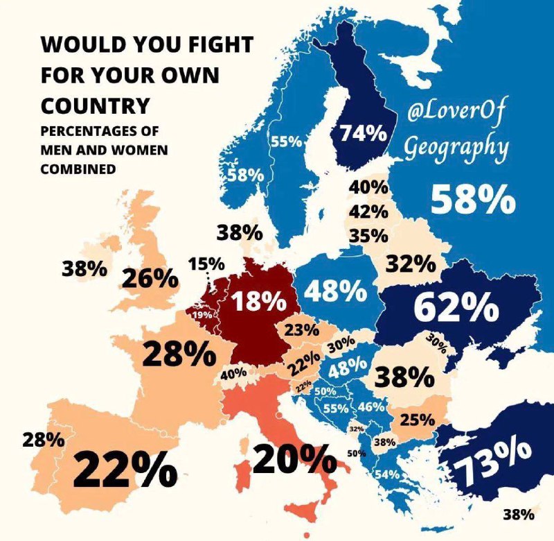 📍 Podiel európskeho obyvateľstva ochotného bojovať za svoju krajinu. Ako vidno, Fínsko a Tur...
