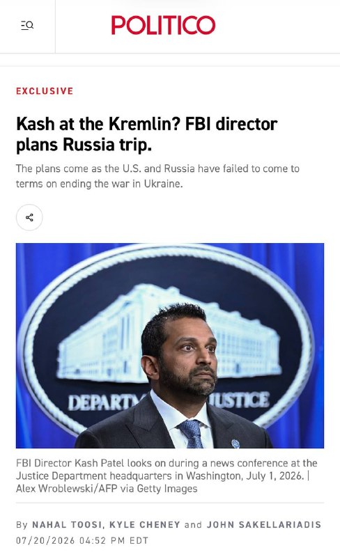 🇺🇸🇷🇺Politico uvádí, že ředitel FBI, Kash Patel, plánuje přiletět do Ruska 14. a 1...
