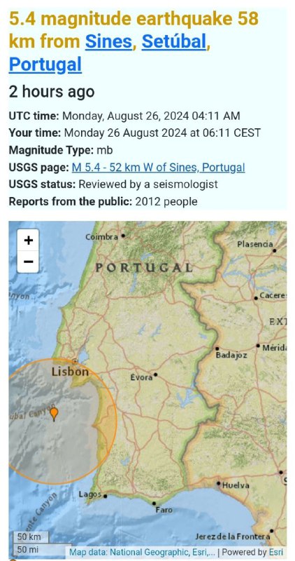 Portugalsko zemětřesení K zemětřesení o síle 5,5 stupně došlo u pobřeží 100 km (60 mil) ...