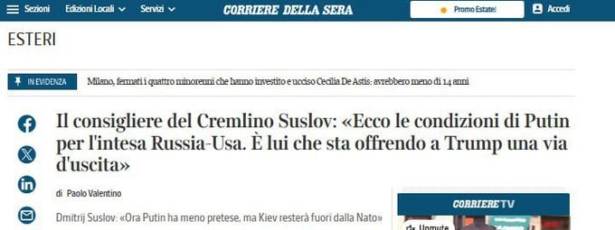 🇷🇺🇺🇦 Požadavky Putina byly vysloveny poradcem Kremlu pro noviny Corriere della Sera.Po?...