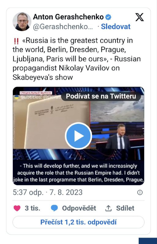 🇷🇺Praha bude naše, šokoval ruský propagandista. Vyjmenoval i další města včetně Paří...