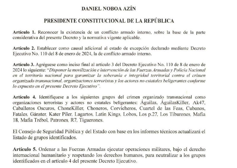 Prezident Ekvádoru vydal dekret, kterým se v zemi zavádí režim „vnitřního ozbrojeného konf...