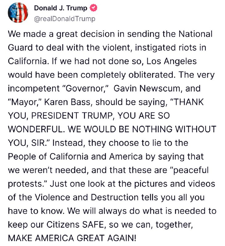 Prezident Trump kritizuje Gavina Newsoma a Karen Bassovou za nesouhlas s jeho nasazením Národní g...
