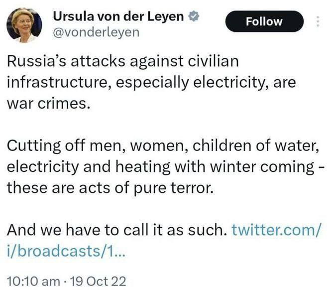 🇪🇺"Ruské útoky na civilní infrastrukturu jsou válečnými zločiny. Odříznutí muž...