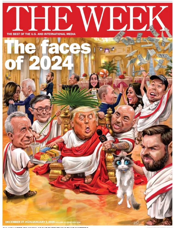 "Tváře roku" z The Week. Ve středu je samozřejmě Trump. V pozadí se baví Putin a ?...
