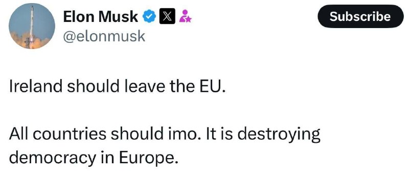 Rada od Elona Muska pro země Evropy: vystupte z EU."Irsko by mělo vystoupit z EU. Všechny ze...