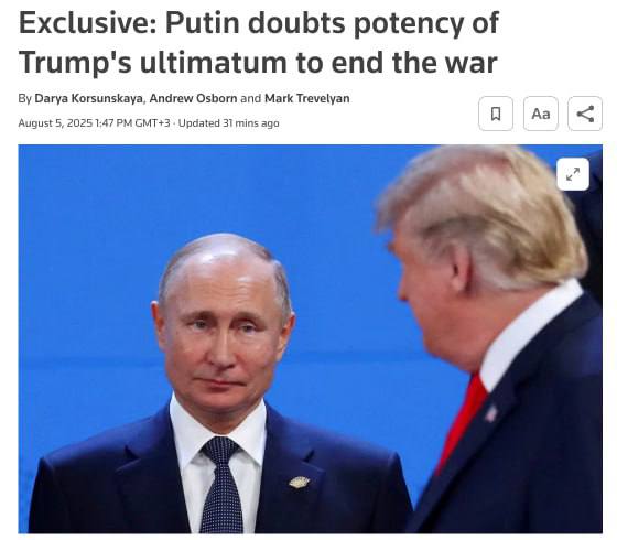 Reuters s odvoláním na své zdroje:▪️Putin nemá v úmyslu splnit Trumpův ultimátum o přím...