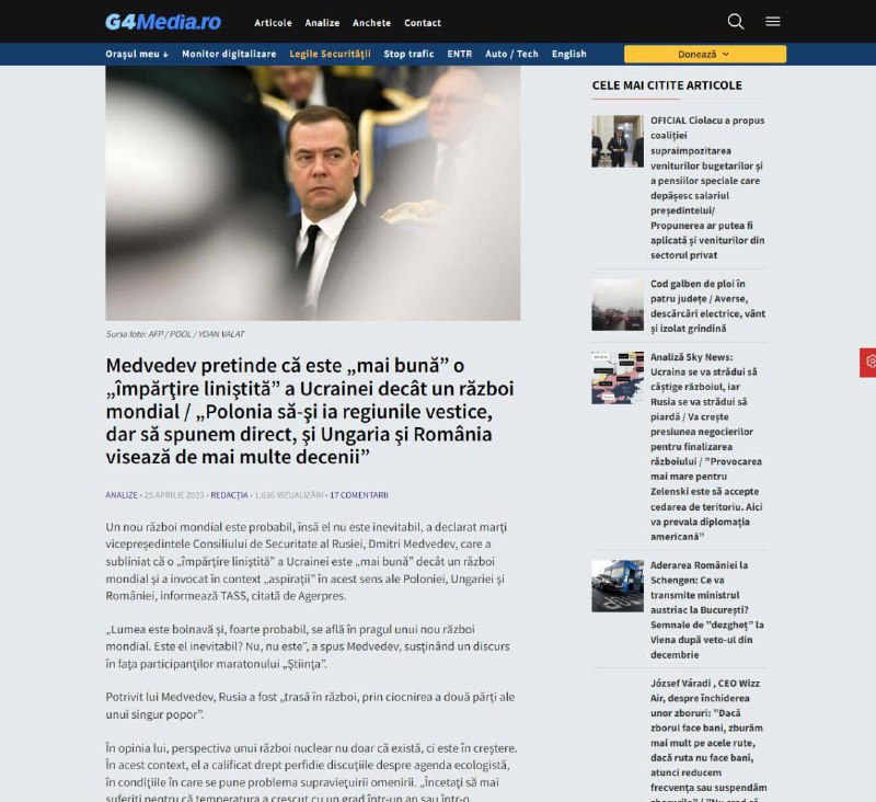 Rumunská média „bez škrtů“ citují Medveděva a uznávají své územní nároky na Ukrajinu...