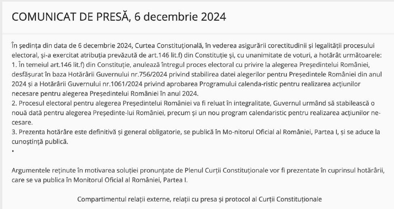 🇷🇴 Rumunský ústavní soud anuloval výsledky prvního kola prezidentských voleb, ve kterýc...