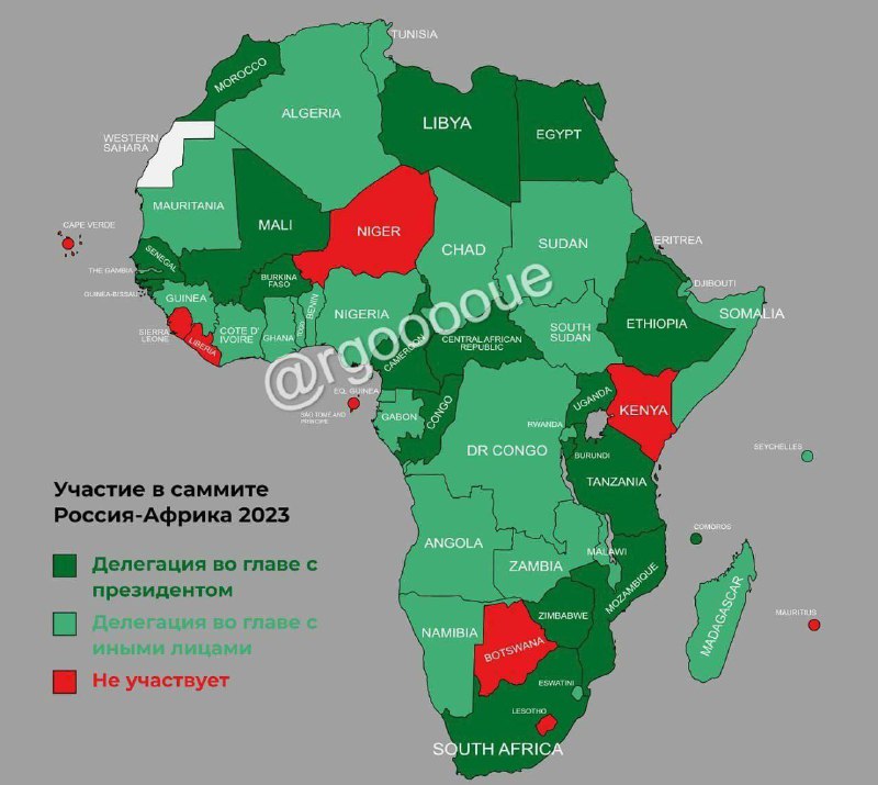 Rusko-afrického summitu se zúčastnil prakticky celý africký kontinent.Z mapy je zjevné, že af...