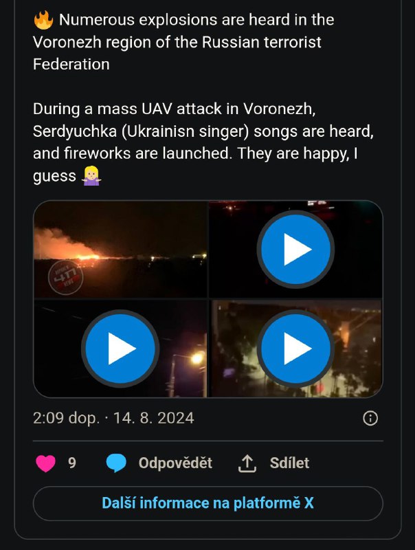 Rusko hlásí masivní útok ukrajinských dronů, hoří vojenské letiště ve Voroněži.