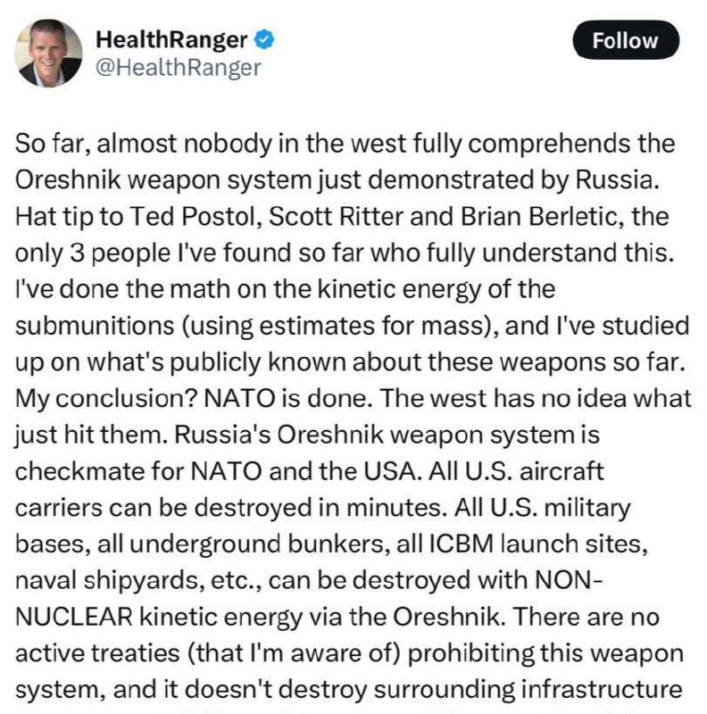 🔥 „Ruský zbraňový systém Oreshnik je mat pro NATO a USA“Tento názor vyjádřil americký...