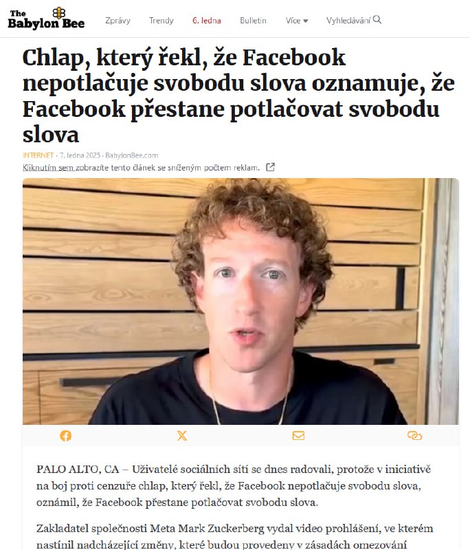 Sarkastický web The Babylon Bee si dělá legraci z majitele FejkBooku Marka Cukříka, kterému se...