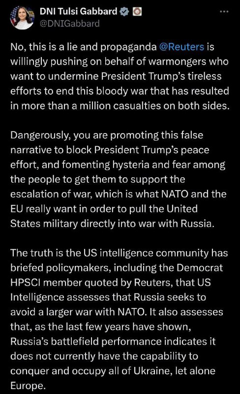 ⏺Šéfka americké národní rozvědky Tulsi Gabbard označila zprávu Reuters o ruských plánech...