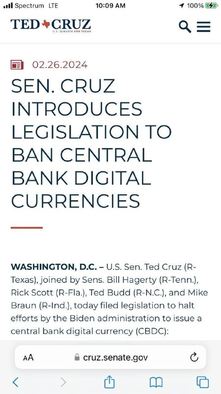 ⚡️SEN. CRUZ PŘEDLOŽÍ LEGISLATIVA, KTERÁ ZAKÁZÁ DIGITÁLNÍ MĚNY CENTRÁLNÍ BANKYWASHINGT...